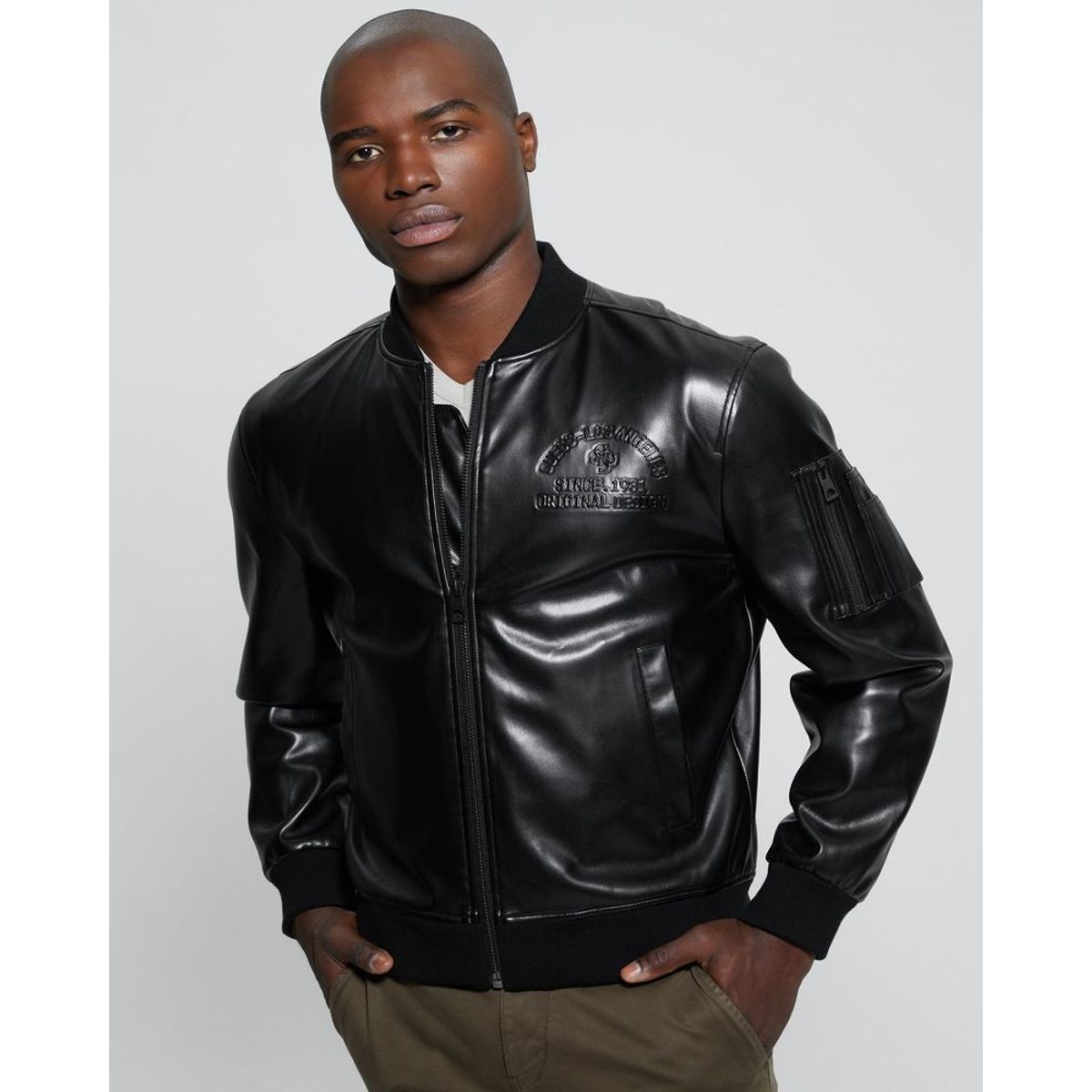 GUESS - Chaqueta District Faux Leather Bomber Hombre Negro