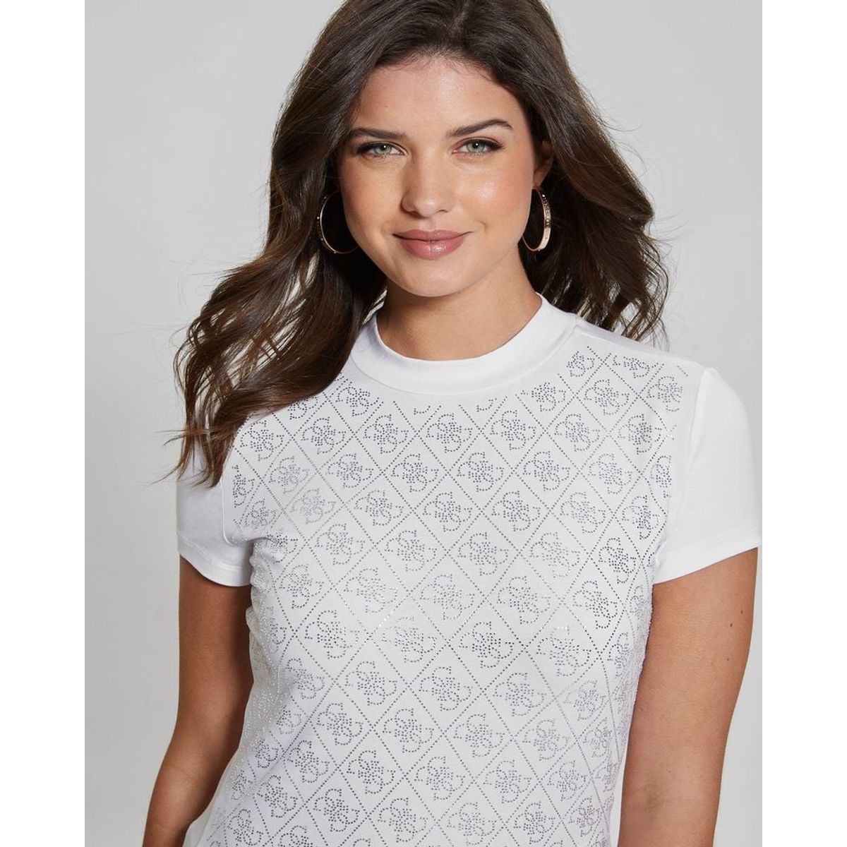 GUESS - Polera Ss Mock Neck All Over 4G Tee Mujer Blanco