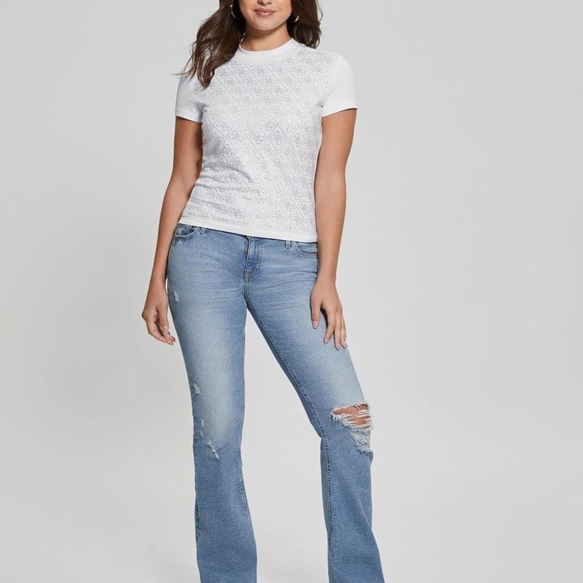 GUESS - Polera Ss Mock Neck All Over 4G Tee Mujer Blanco