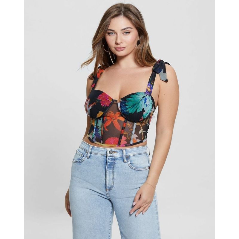 GUESS - Top Sl Tied Margot Mesh Corset Top Mujer Multicolor