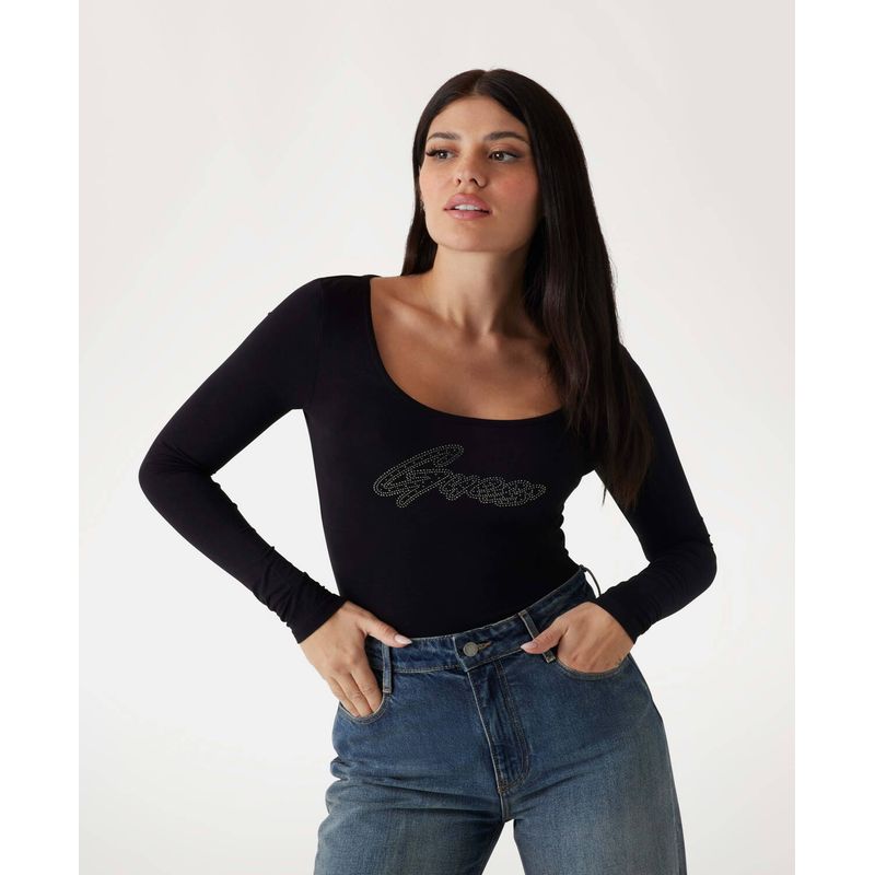 GUESS - Polera Ls Emmy Body Shiny Logo Mujer Negro