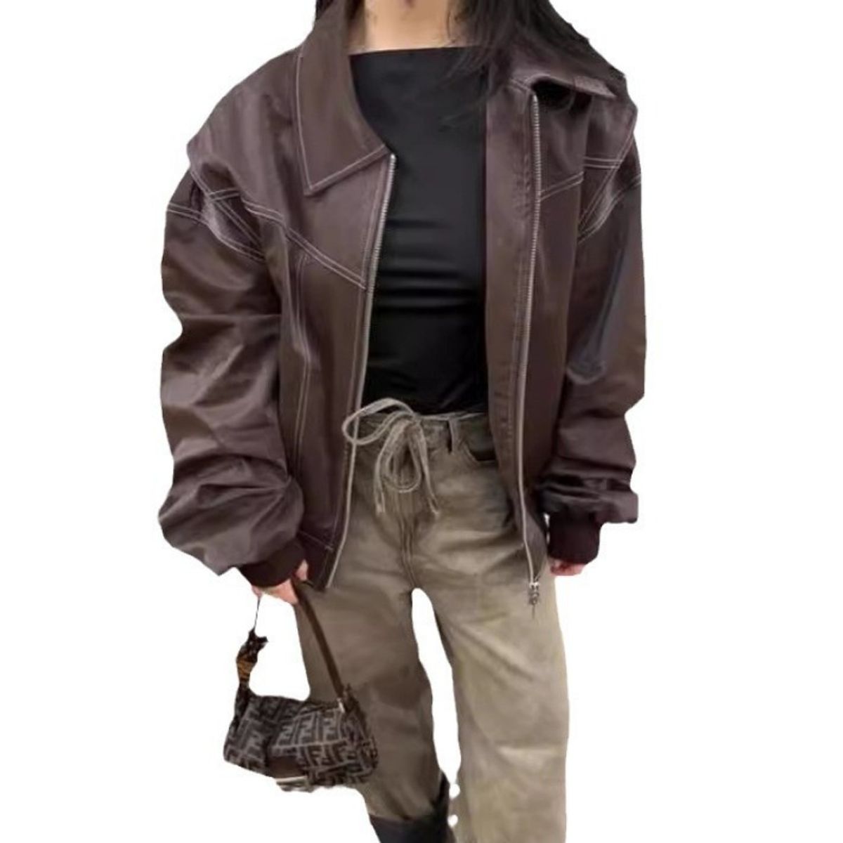 GIOIO - Chaqueta Mujer Solapa Cremallera Manga Larga Retro Holgado Otoño Invierno