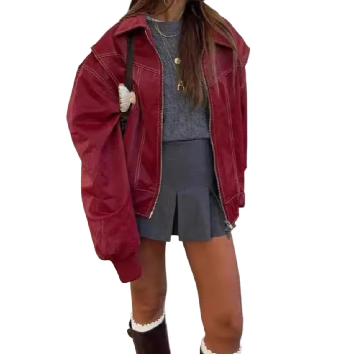 GIOIO - Chaqueta Mujer Solapa Cremallera Manga Larga Retro Holgado Otoño Invierno