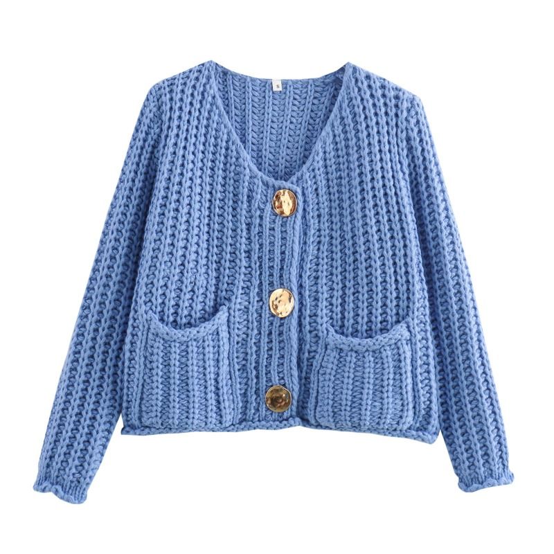 GIOIO - Chaqueta Mujer Botonadura Simple Doble Bolsillo Tejido Grueso Sólido Corto