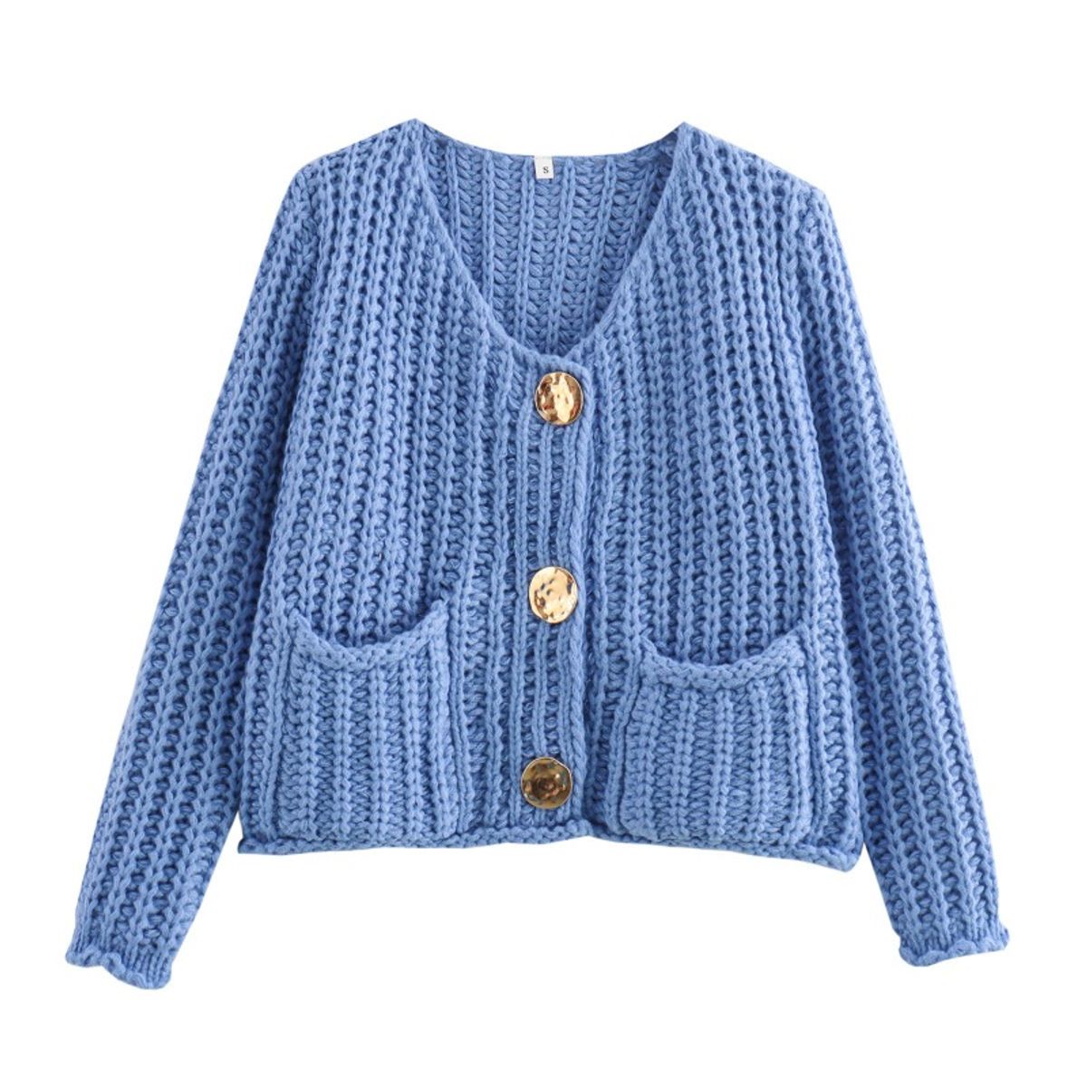 GIOIO - Chaqueta Mujer Botonadura Simple Doble Bolsillo Tejido Grueso Sólido Corto