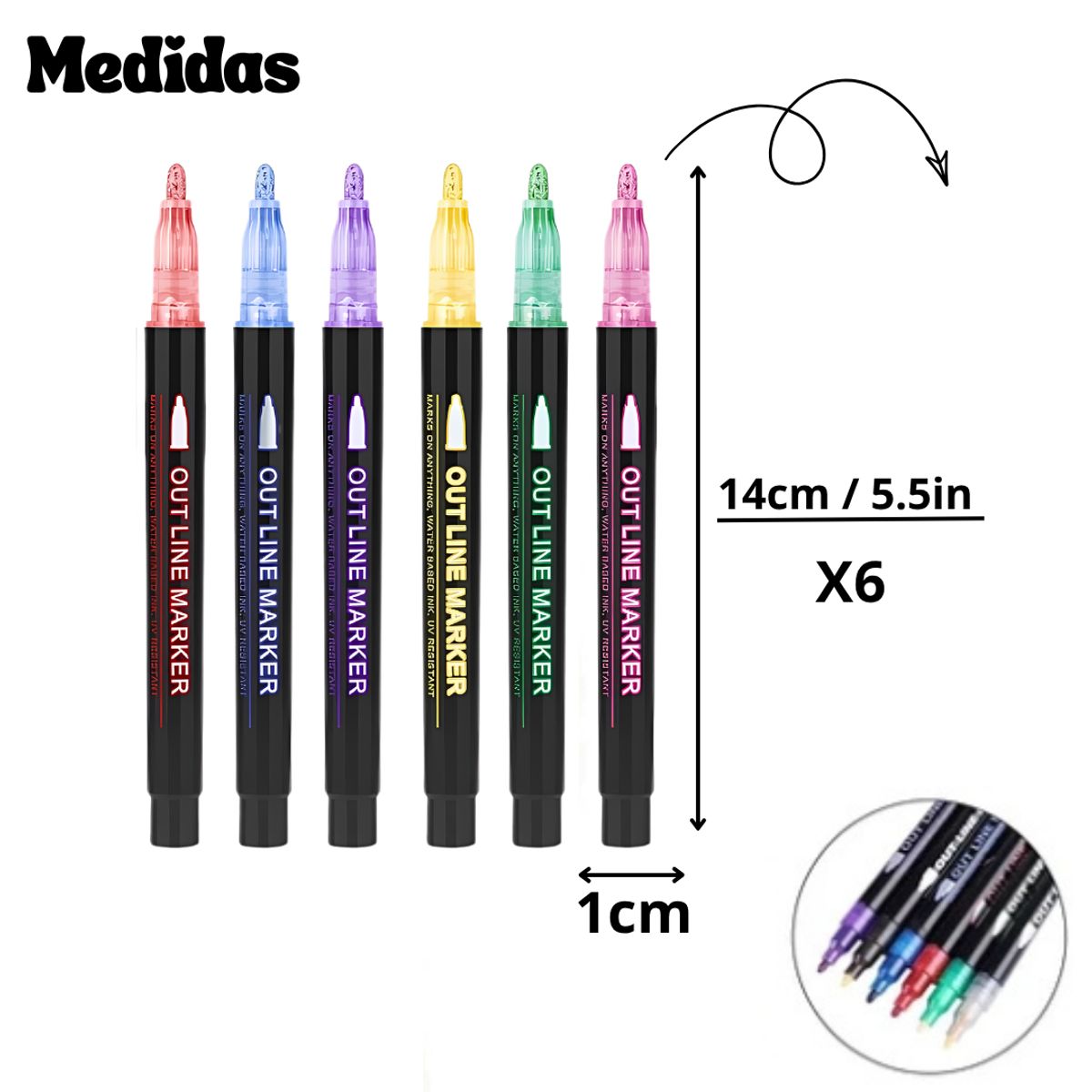 MOTARRO - Set 6 Plumones Lettering Contorno Metalizado Outline