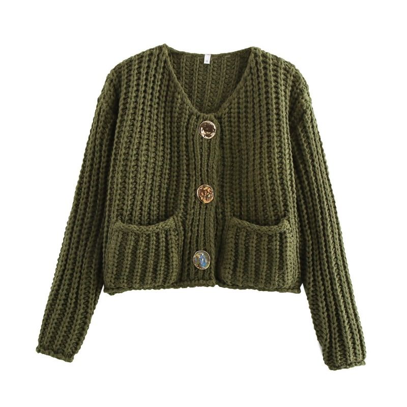 GIOIO - Chaqueta Mujer Botonadura Simple Doble Bolsillo Tejido Grueso Sólido Corto