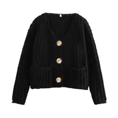 GIOIO - Chaqueta Mujer Botonadura Simple Doble Bolsillo Tejido Grueso Sólido Corto