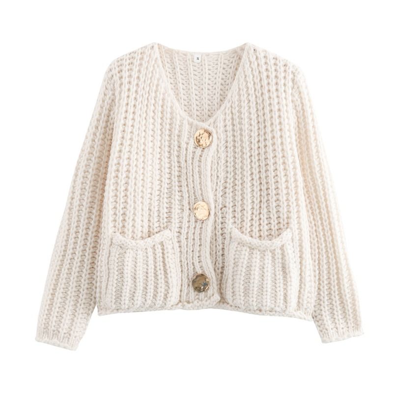 GIOIO - Chaqueta Mujer Botonadura Simple Doble Bolsillo Tejido Grueso Sólido Corto