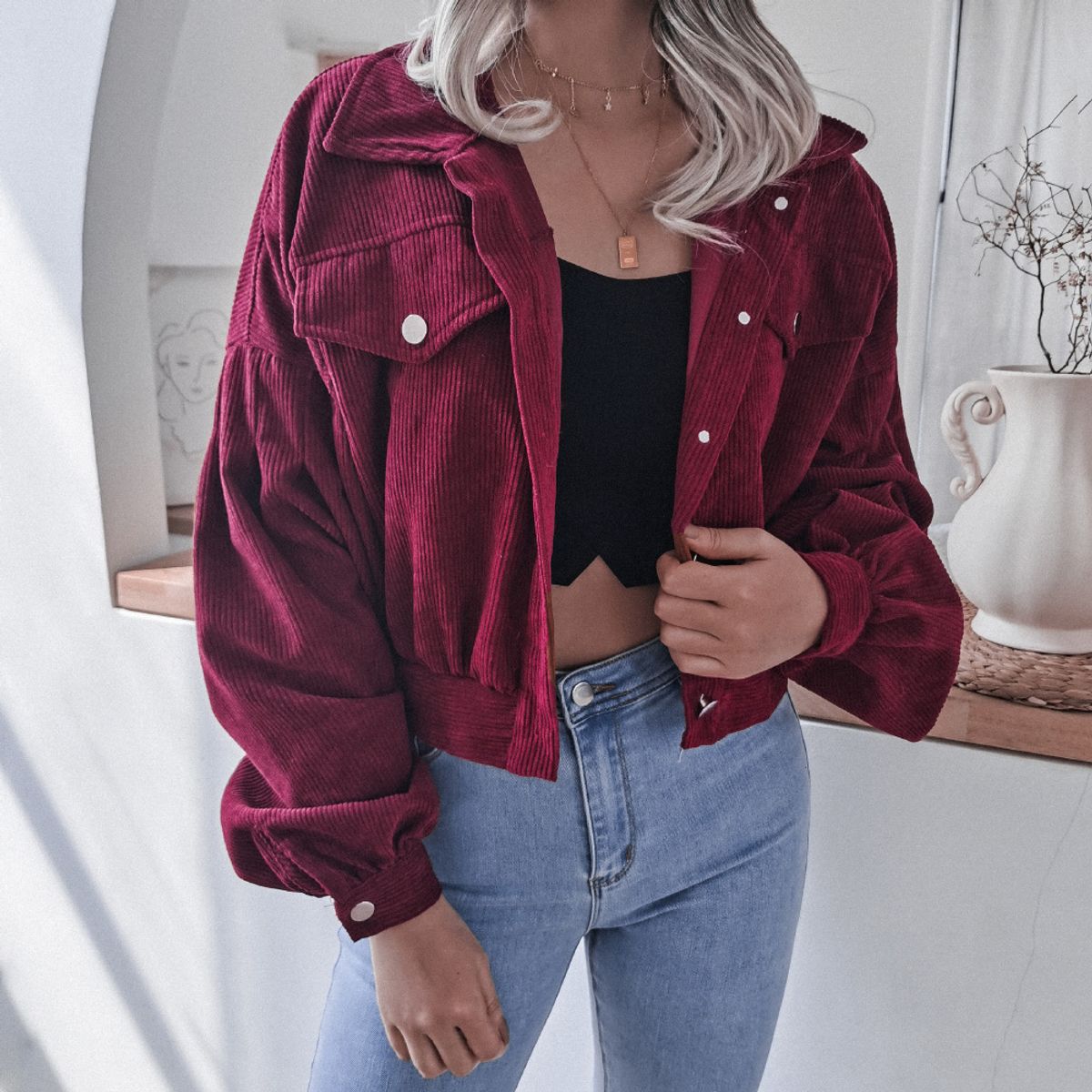 GIOIO - Chaqueta mujer de pana manga larga holgada estilo europeo otoño invierno