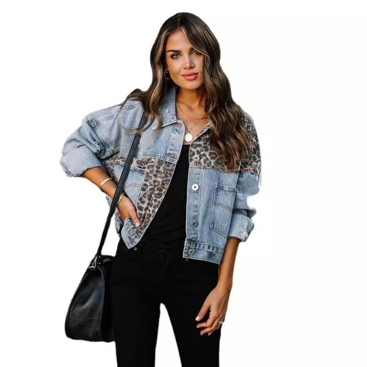 GIOIO - Chaqueta mujer estampado leopardo mezclado con denim rotos casual entallada
