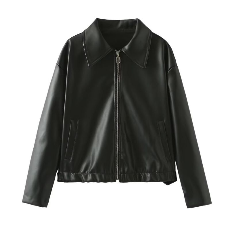 GIOIO - Chaqueta mujer de cuero solida con cuello cuadrado estilo europeo casual