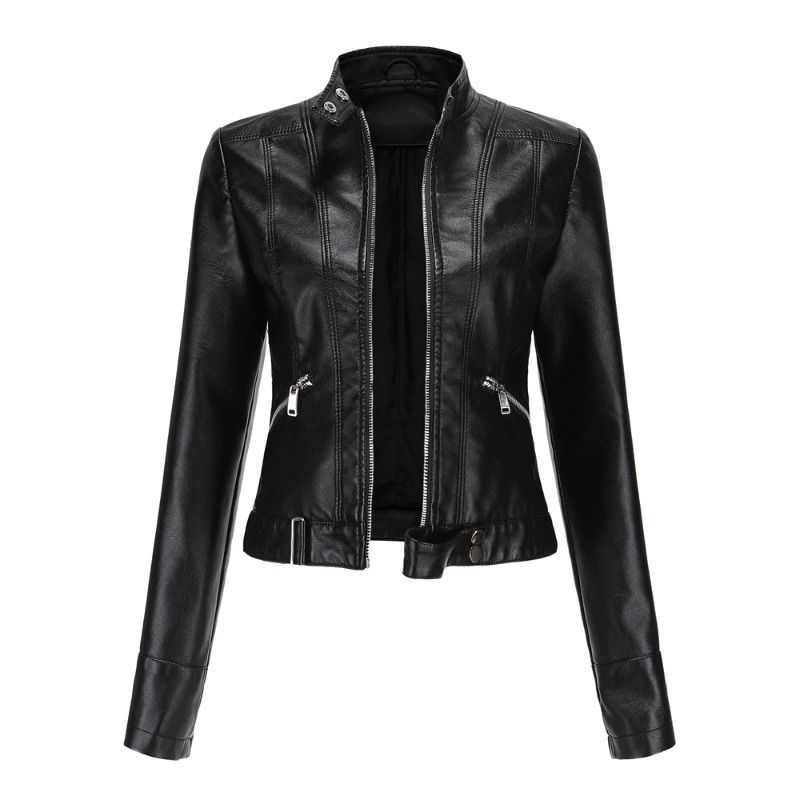 GIOIO - Chaqueta mujer de cuero corta con cuello alto ligera casual primavera otoño