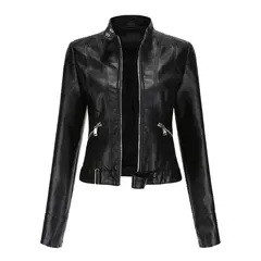 GIOIO - Chaqueta mujer de cuero corta con cuello alto ligera casual primavera otoño
