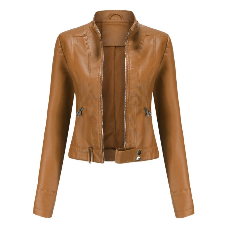 GIOIO - Chaqueta mujer de cuero corta con cuello alto ligera casual primavera otoño