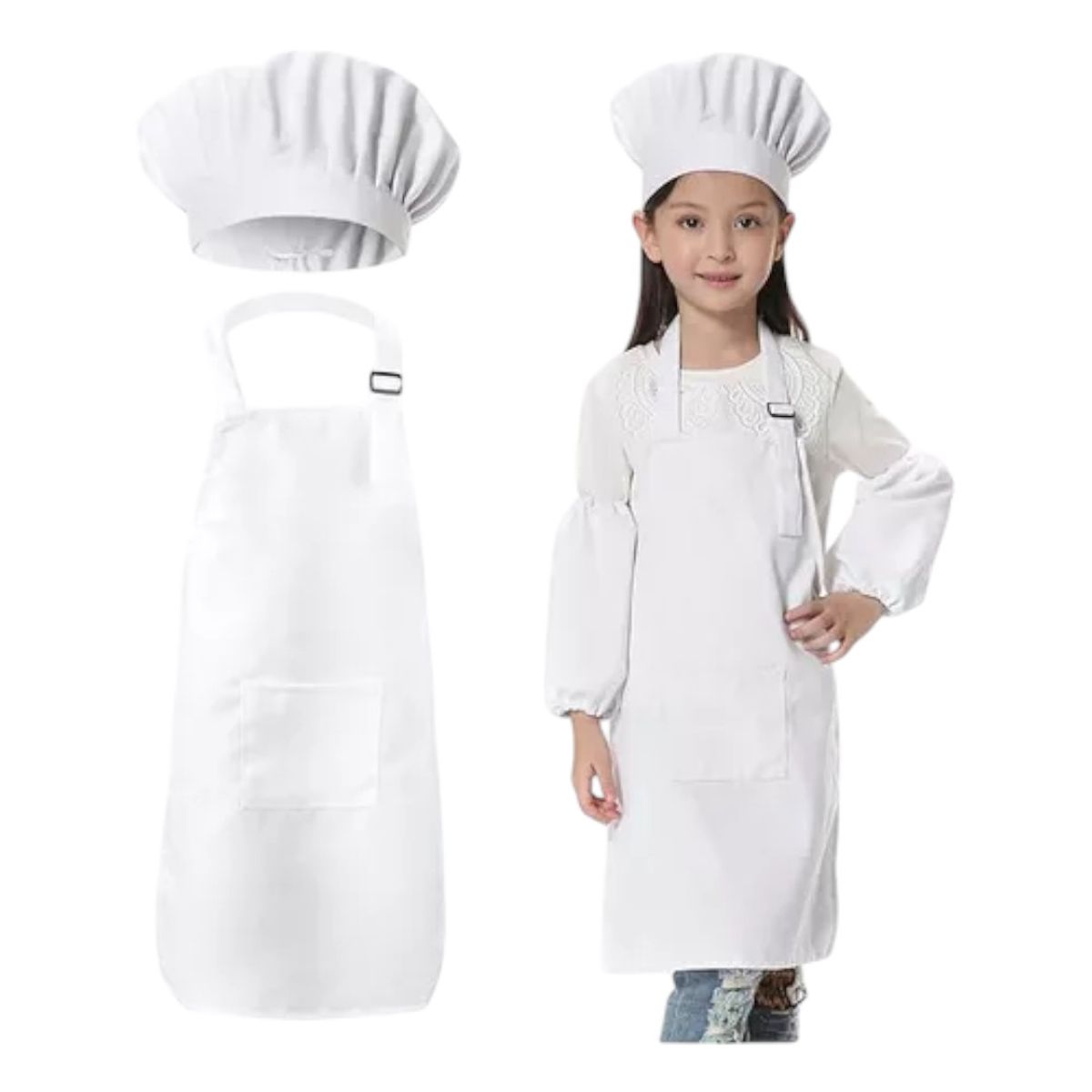 CHEF OUTFITTERS - Set Delantal - Gorro - Mangas Infantil Chef Cocina - Blanco