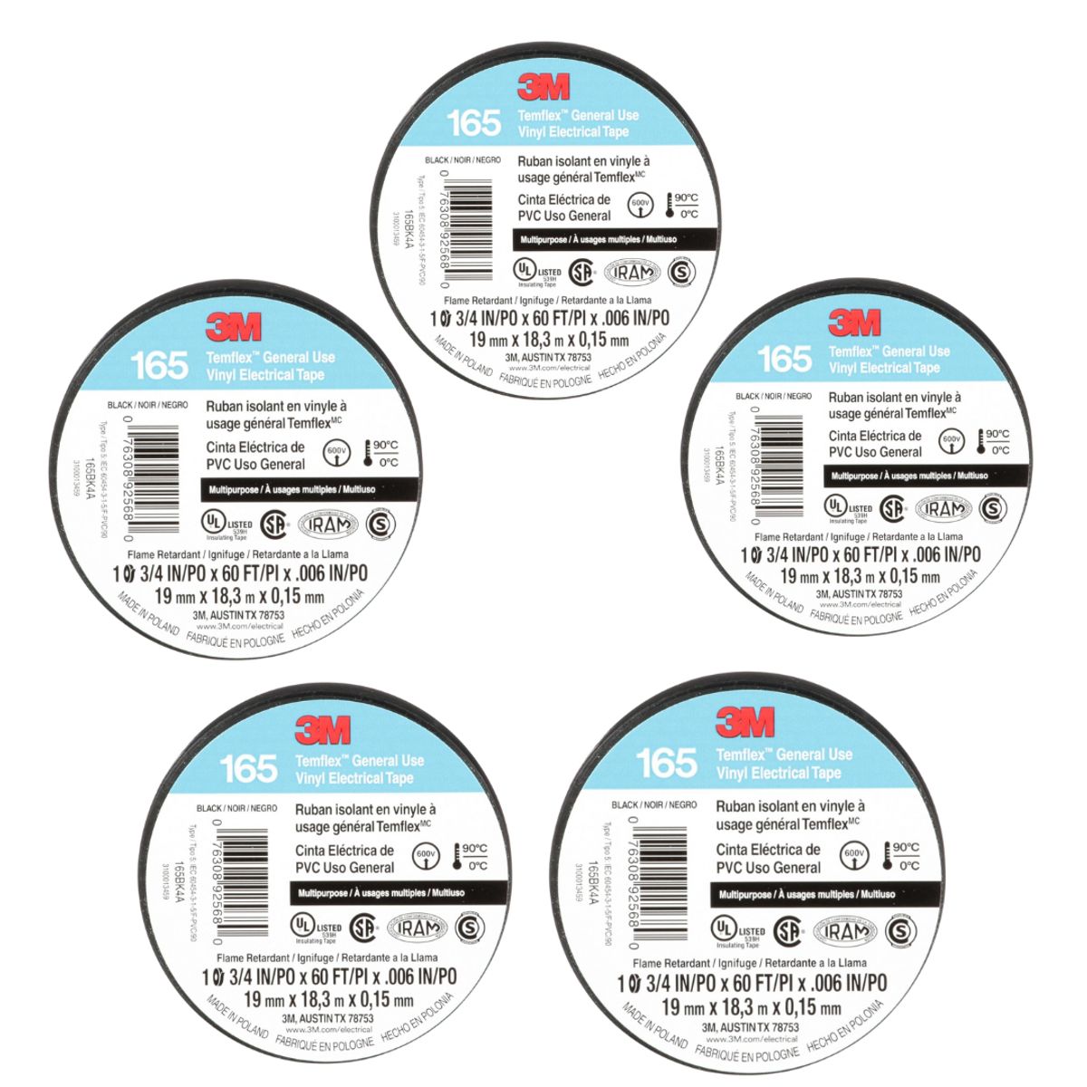 3M - Pack 5 Cintas Eléctricas de PVC 19 mm x 18,3 m x 0,15 mm