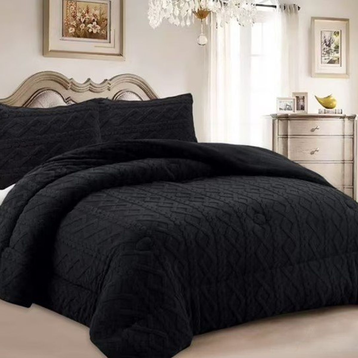 GENERICO - Cobertor Trensado con chiporro Unicolor Negro de 2 Plaza TF