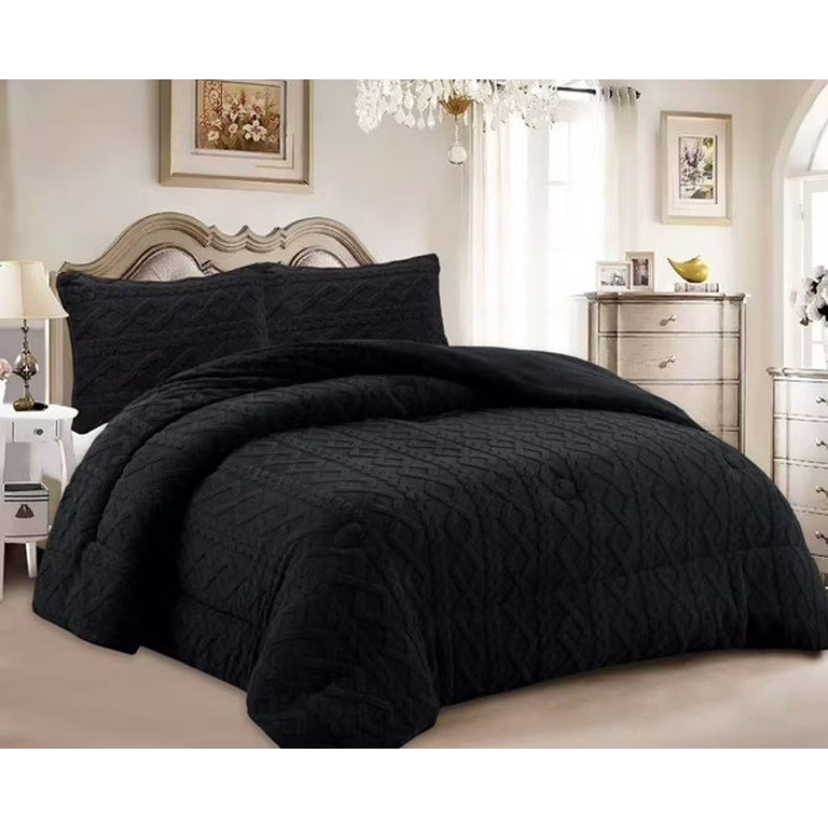 GENERICO - Cobertor Trensado con chiporro Unicolor Negro de 2 Plaza TF
