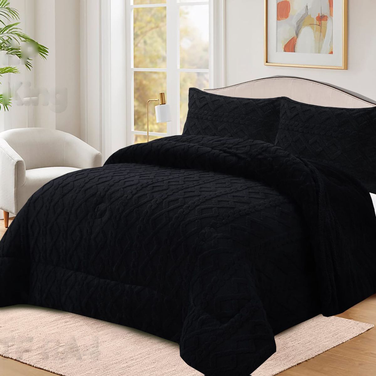 GENERICO - Cobertor Trensado con chiporro Unicolor Negro de 2 Plaza TF