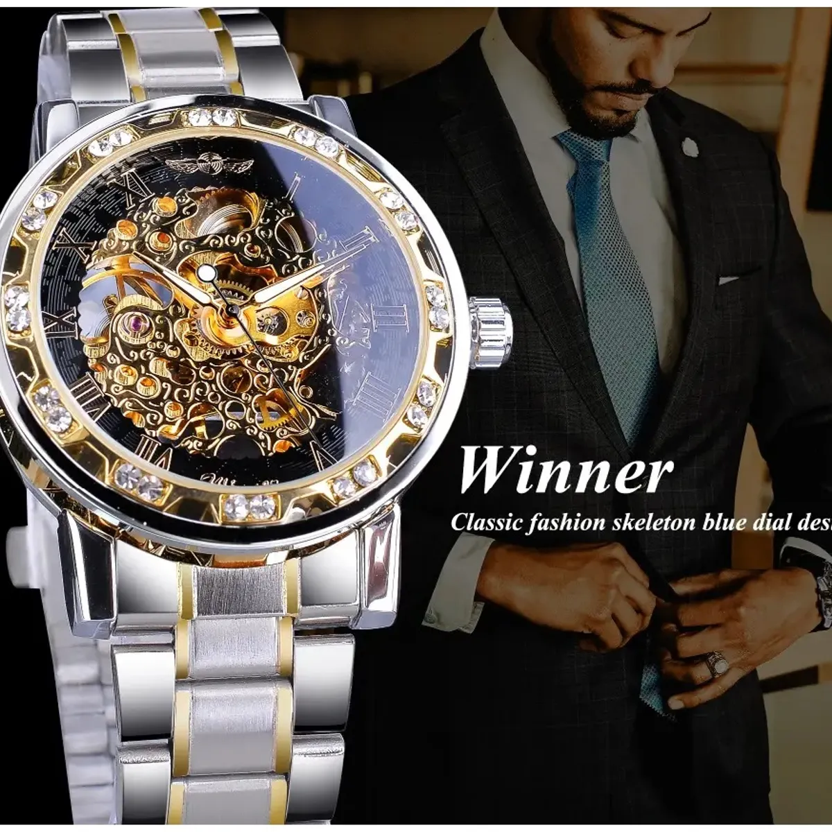 STARTECHOFFICE - Reloj Mecánico Automático Winner de Lujo Correa Acero Inoxidable Cristales Decorativos Hardlex