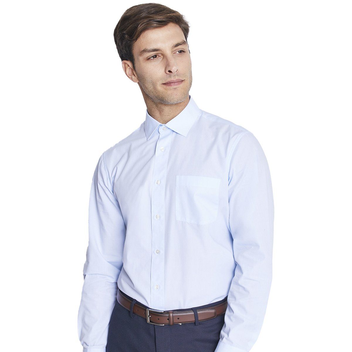 MAVIANNI - Camisa Hombre Celeste Formal Cuello Italiano Bolsillo Trabajo Oficina_.