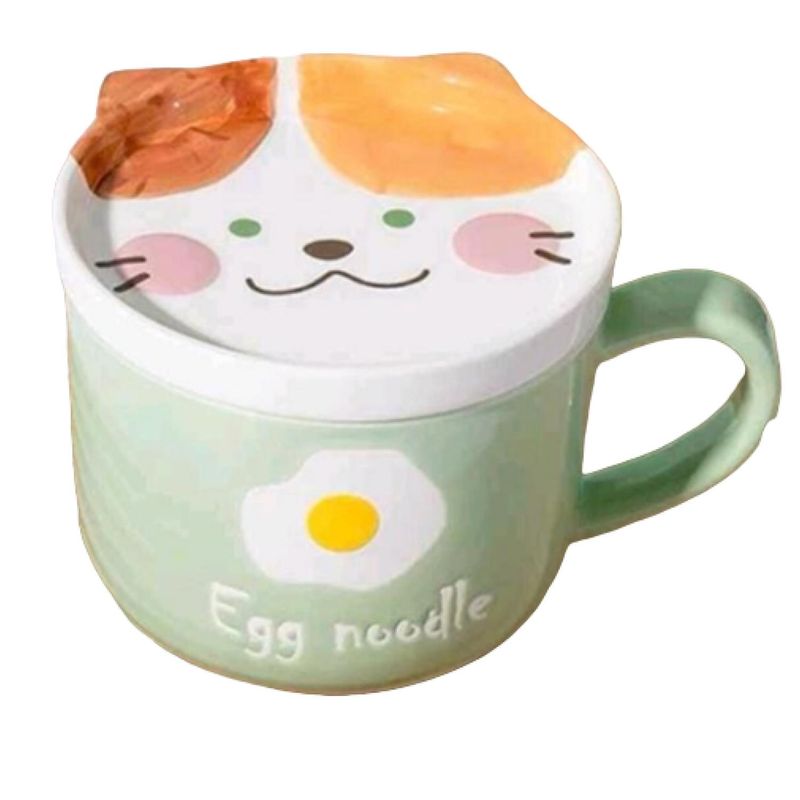GENERICO - Tazon Taza Mas Plato De Ceramica Verde Gatito Japones