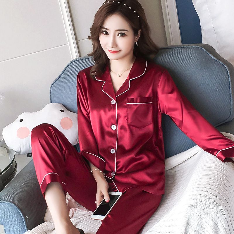 EDWINAYY - Pijama De Conjunto Manga Larga Dormir Ropa De Casa De Satin