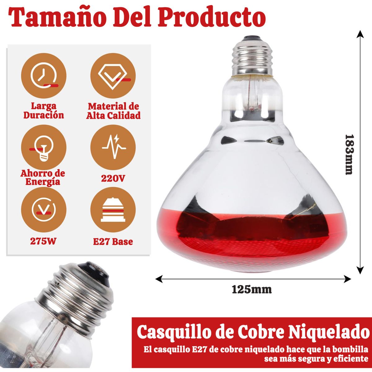 GENERICO - 275W Bombilla Infrarroja Calor Pollo Reptil Fisioterapia E27