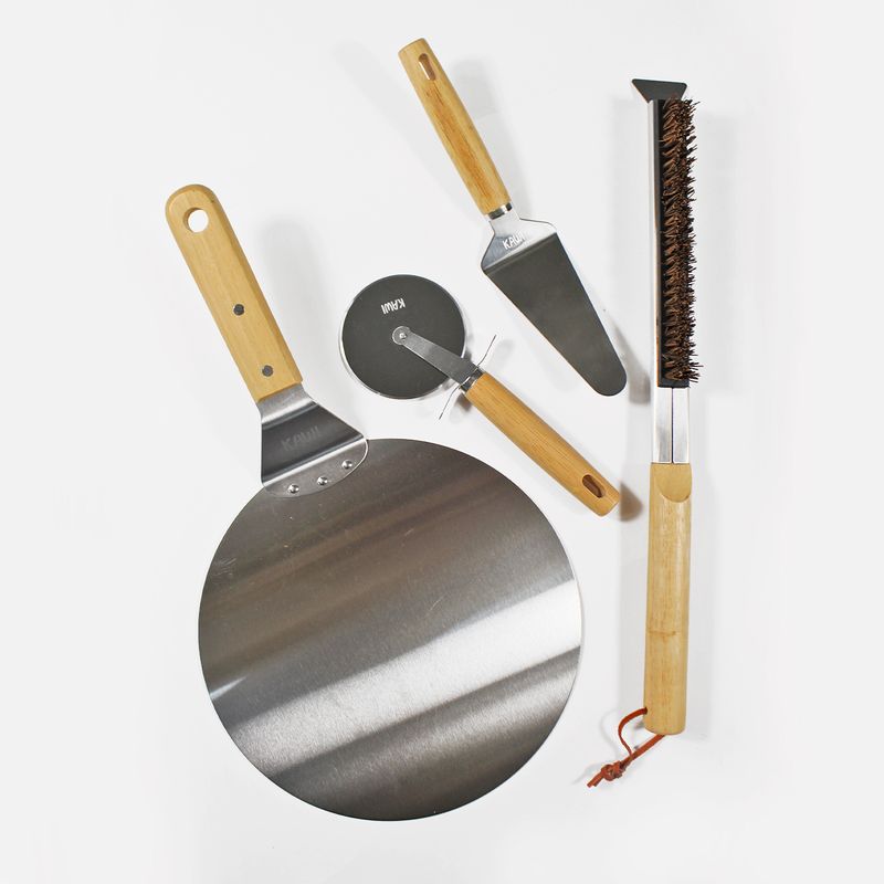 KAWI - Set 4 Piezas Para Pizza Acero Inox Madera Pizzaiolo De Kawi®