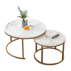 DETODOYMAS - Juego Mesa De Centro Redonda Diseño Mármol ChicHome - Blanco