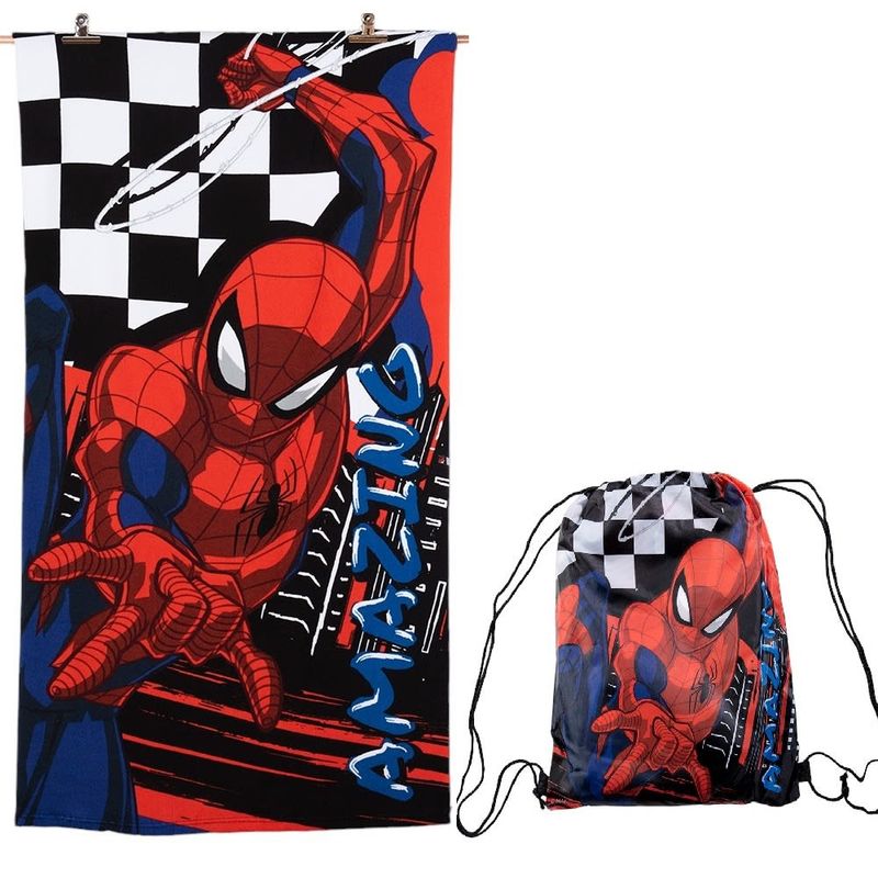 MASHINI - Toalla Playa Micro fibra CBolso 70x140 Spiderman Amazing