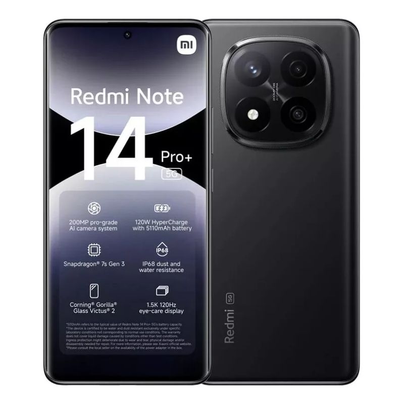 XIAOMI - Xiaomi Redmi Note 14 Pro Plus 5G  8GB RAM+ 256GB  Resistente agua IP68 Camara AI 200MP-Negro