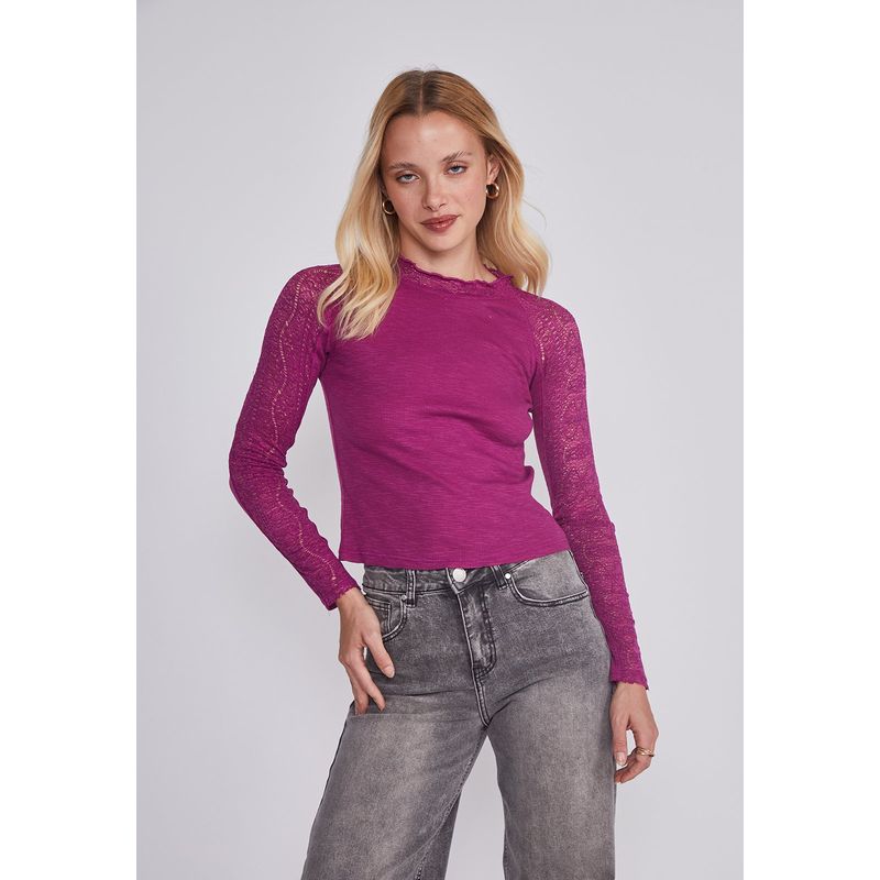 SIOUX - Polera Mujer Manga Encaje Burdeo Sioux