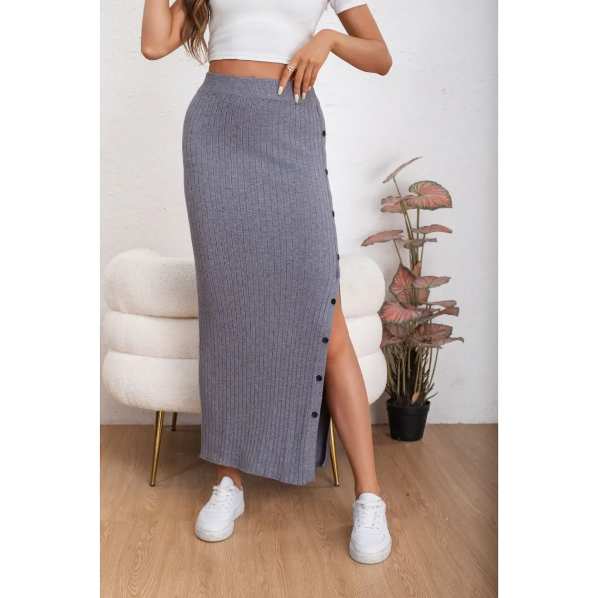 LIKE SHOP - Falda Larga Acanalada Mujer Botones Elasticada 5061