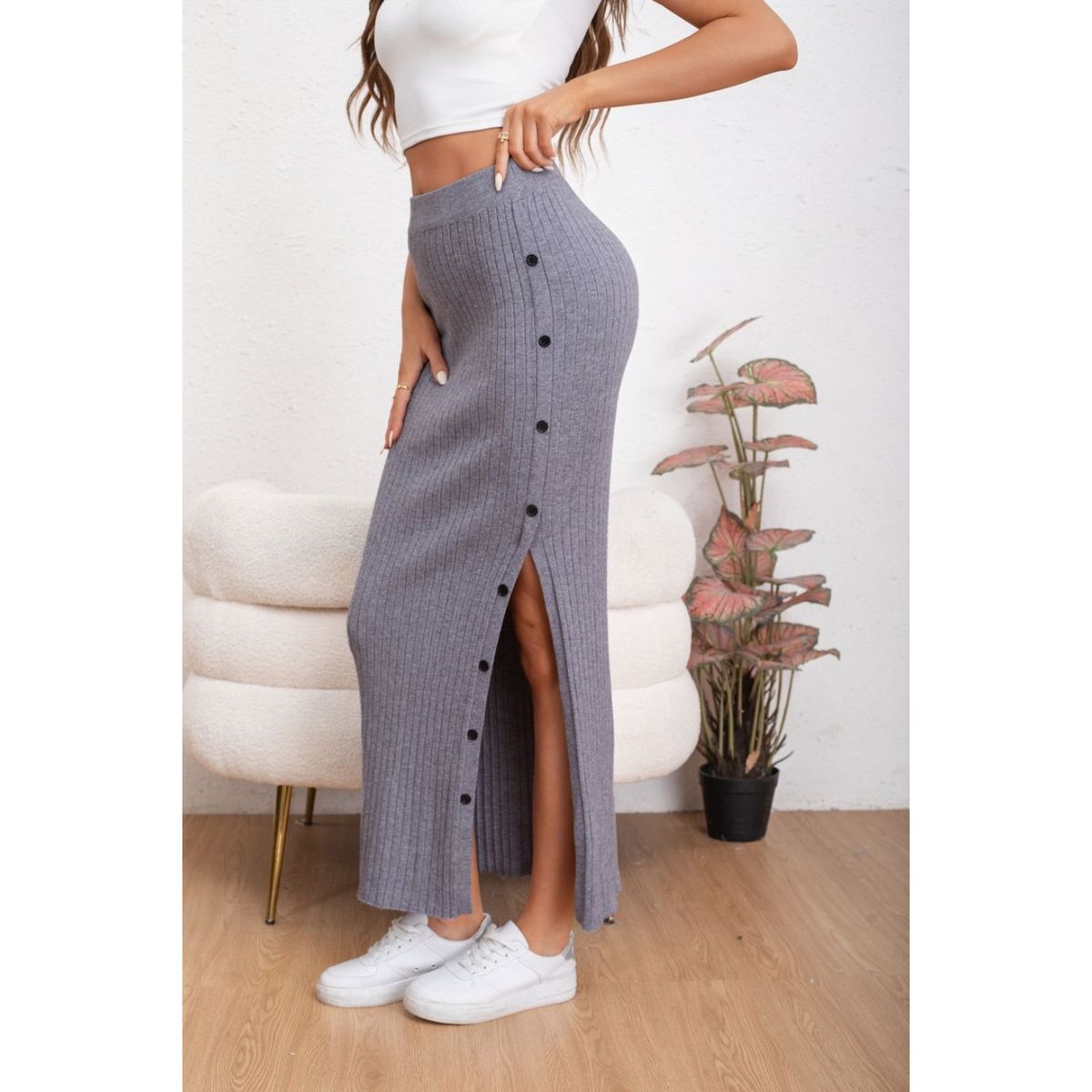 LIKE SHOP - Falda Larga Acanalada Mujer Botones Elasticada 5061