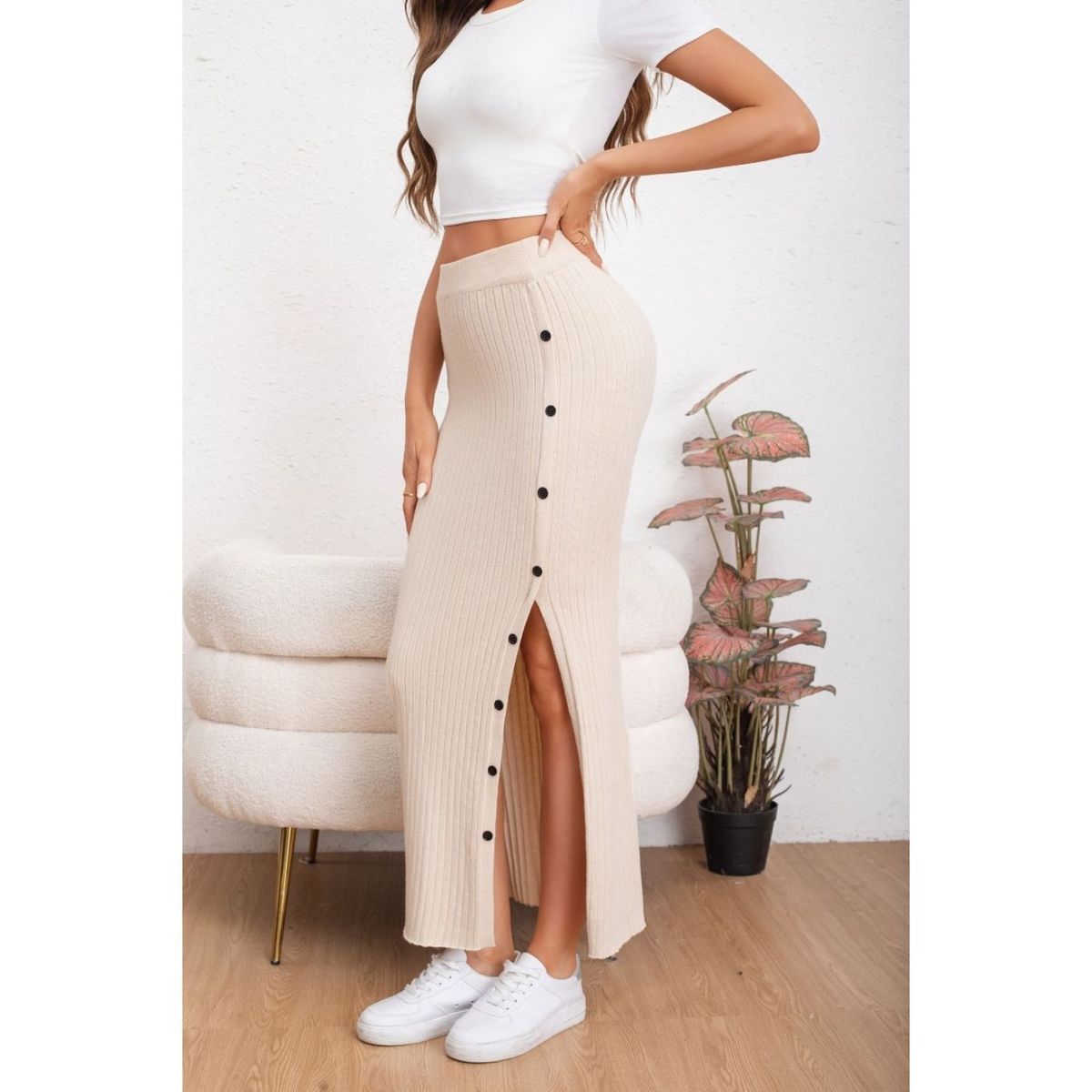 LIKE SHOP - Falda Larga Acanalada Mujer Botones Elasticada 5061