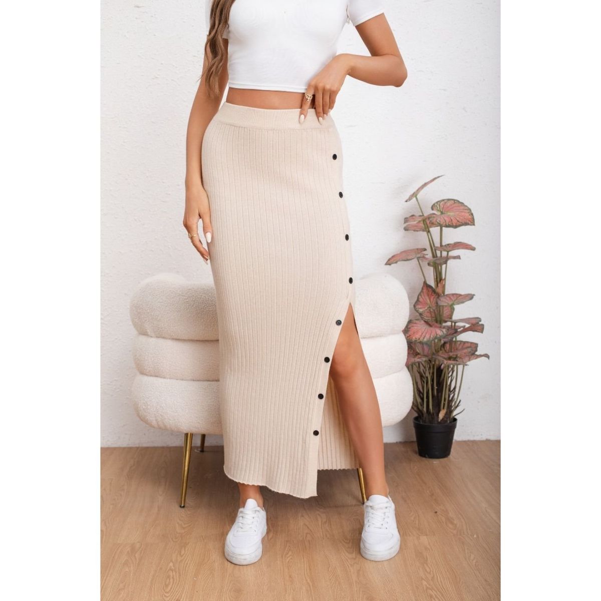 LIKE SHOP - Falda Larga Acanalada Mujer Botones Elasticada 5061