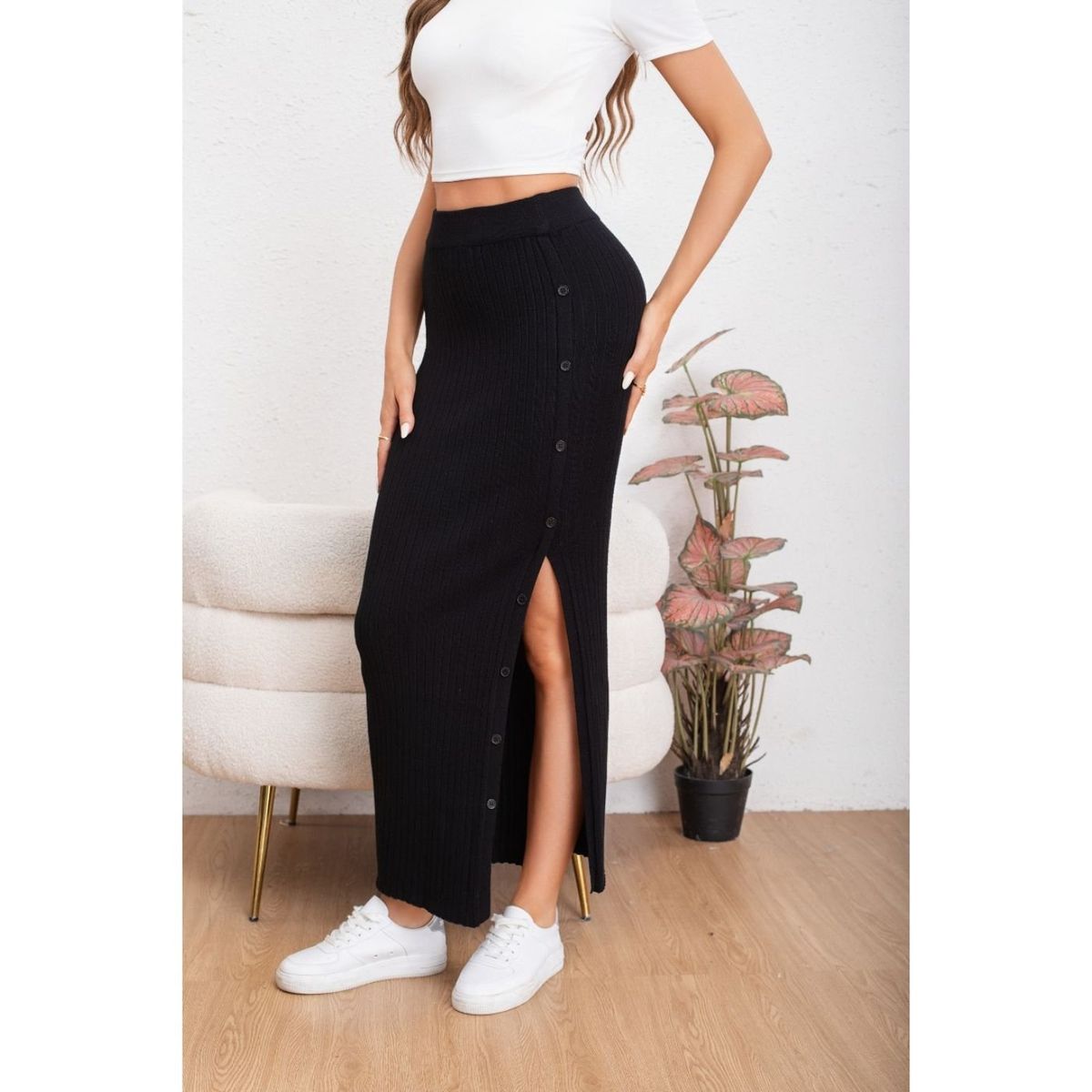 LIKE SHOP - Falda Larga Acanalada Mujer Botones Elasticada 5061