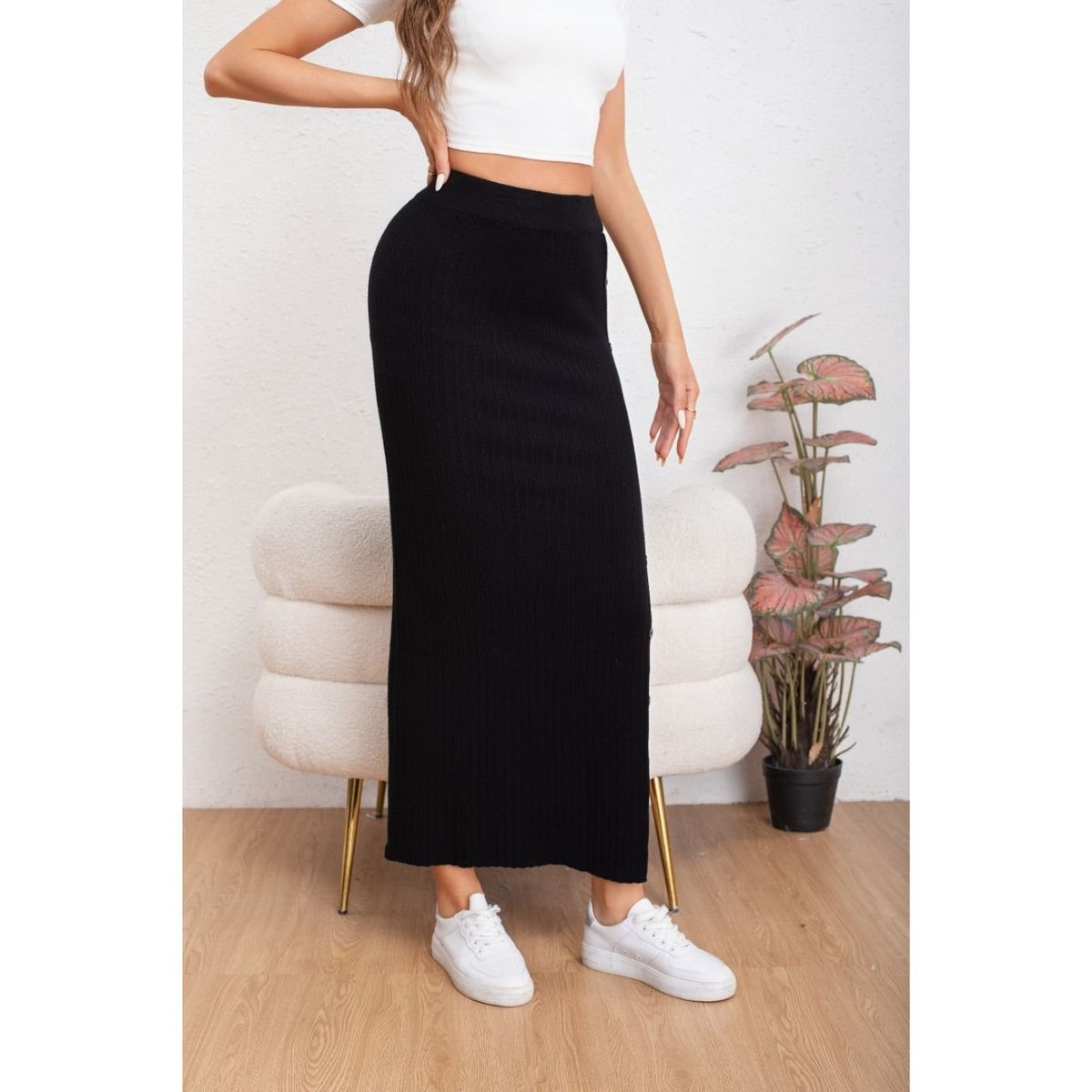 LIKE SHOP - Falda Larga Acanalada Mujer Botones Elasticada 5061