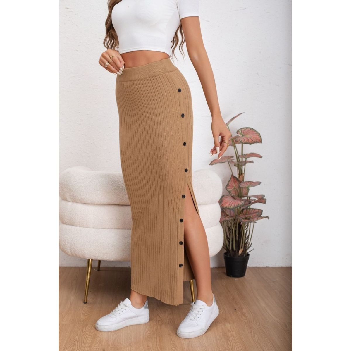 LIKE SHOP - Falda Larga Acanalada Mujer Botones Elasticada 5061