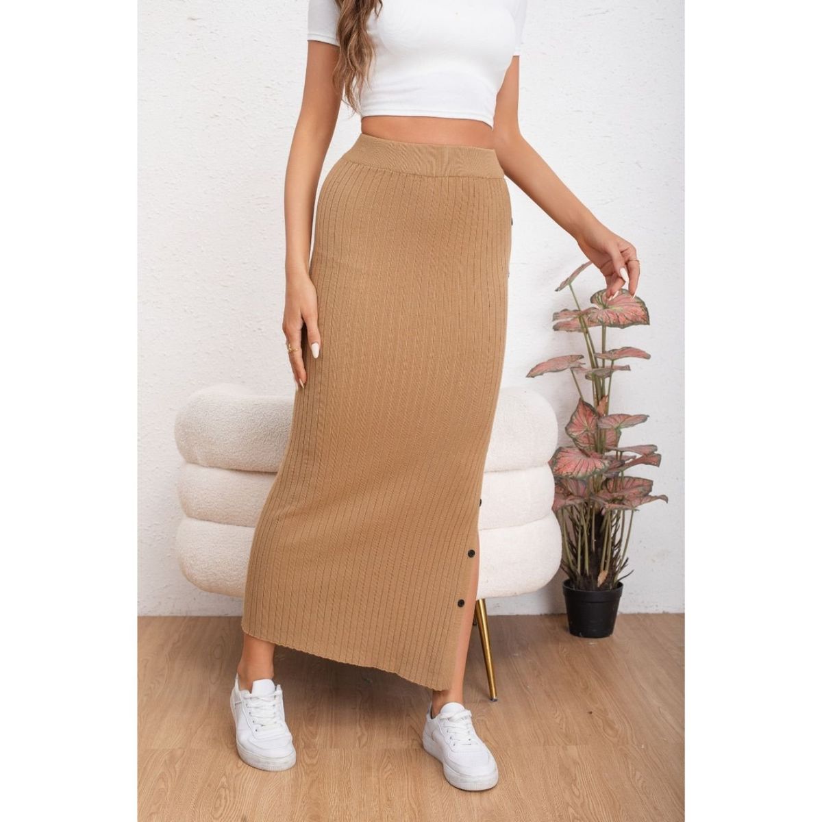 LIKE SHOP - Falda Larga Acanalada Mujer Botones Elasticada 5061