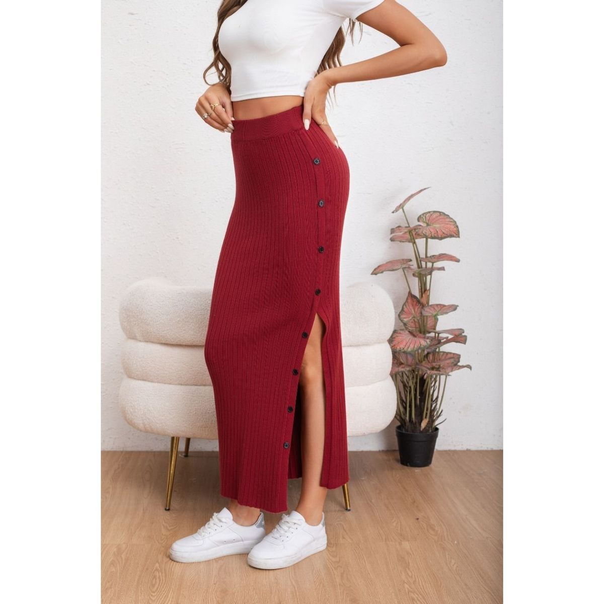 LIKE SHOP - Falda Larga Acanalada Mujer Botones Elasticada 5061