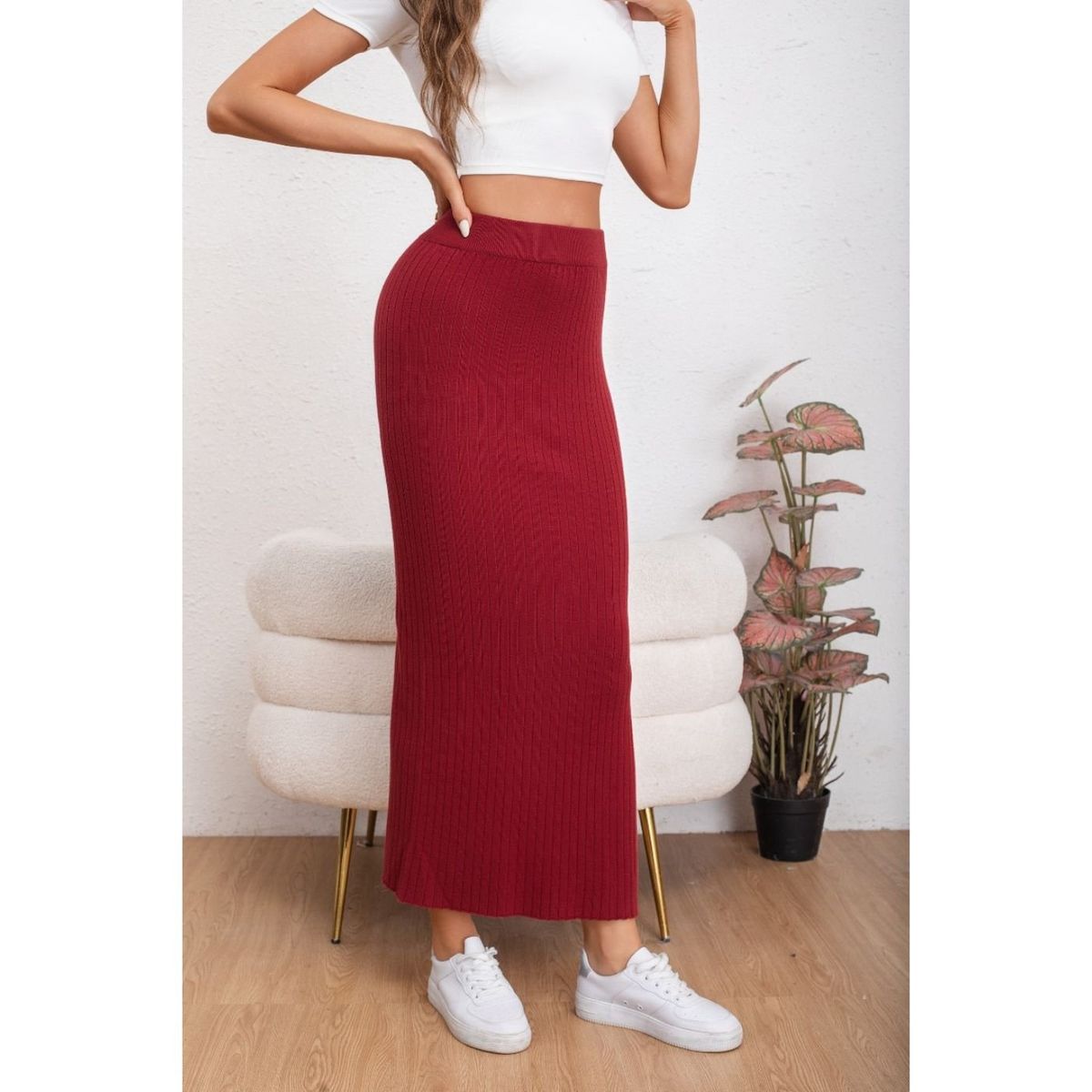 LIKE SHOP - Falda Larga Acanalada Mujer Botones Elasticada 5061