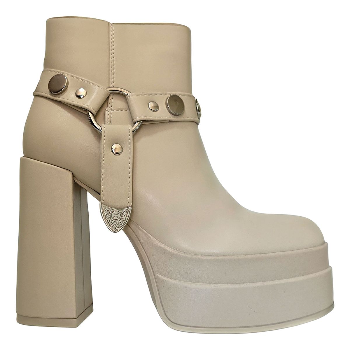 PAND G - Botin Mujer Elegante Formal Taco Alto Cuadrado  Beige - 7660