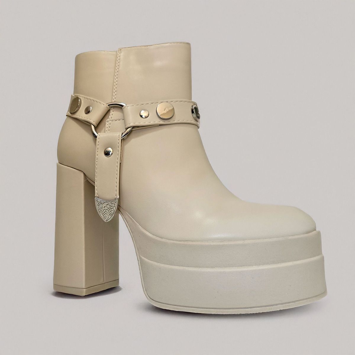PAND G - Botin Mujer Elegante Formal Taco Alto Cuadrado  Beige - 7660