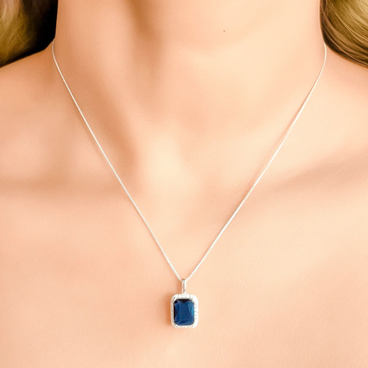 COGGIOLA - Collar Lady Circón Rectángulo Azul Blanco Plata Fina 925