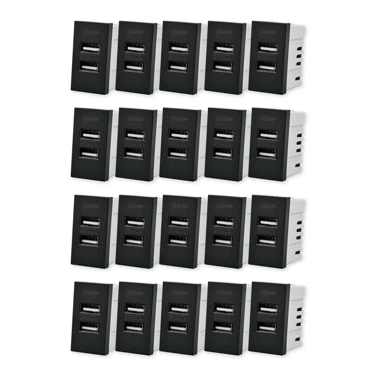 WANT - Pack 20 Módulo USB Doble Metálico 250V - Negro