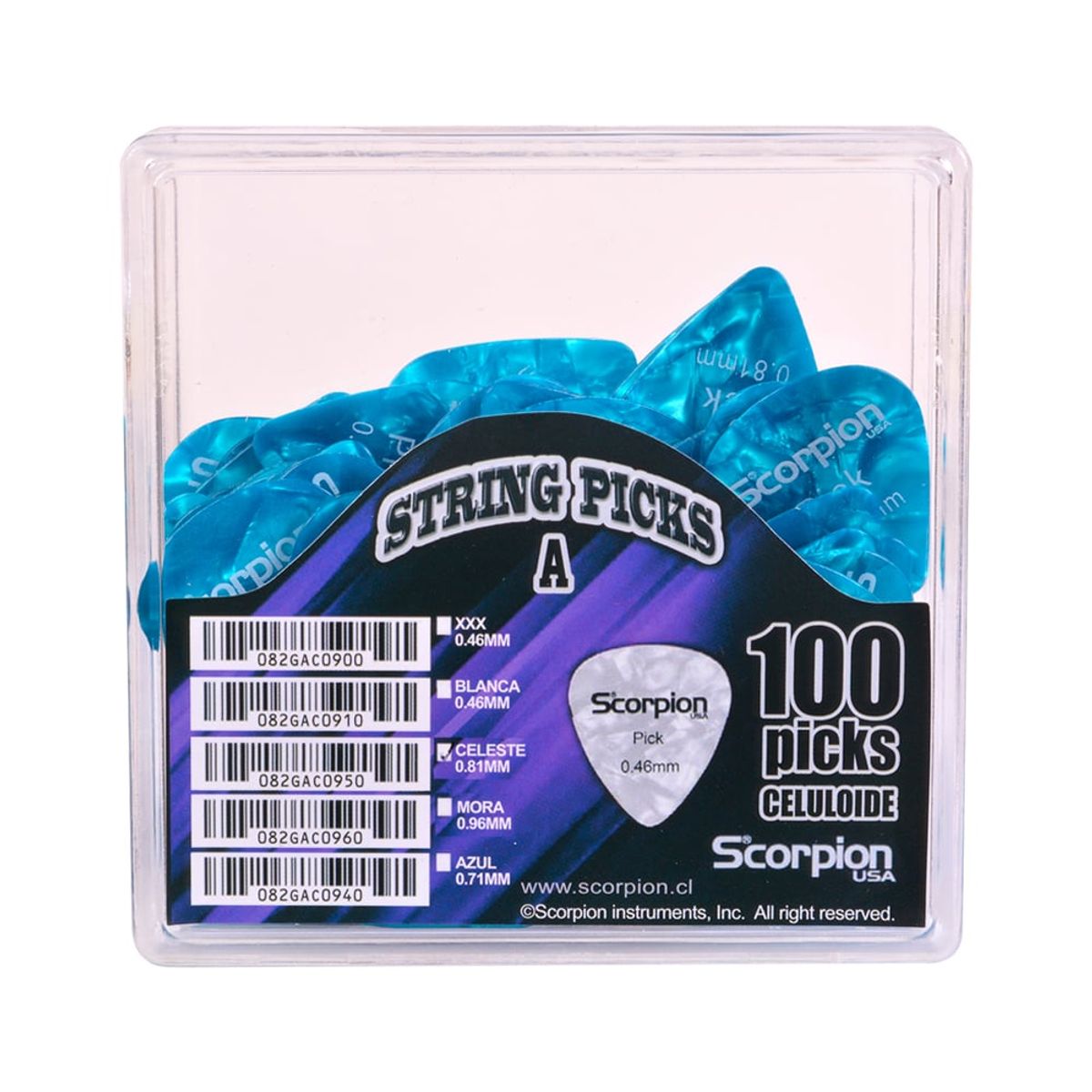 SCORPION - CAJA 100 UÑETAS A 0.81 CELULOIDE CELESTE CAC-081 SCORPION