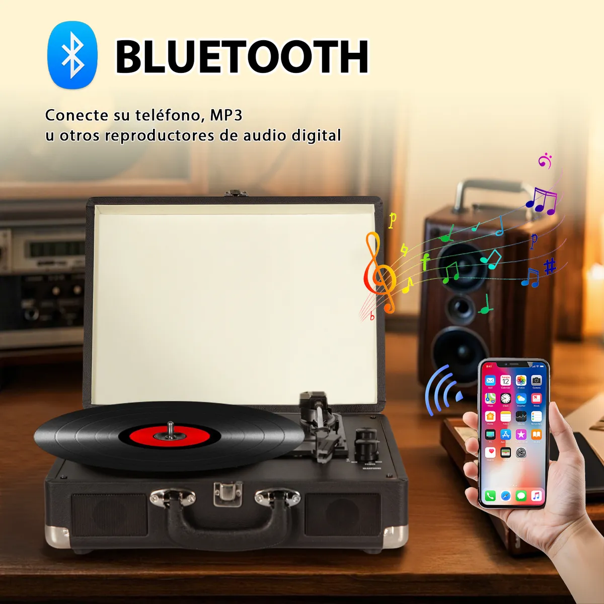 VIDITA - Tocadiscos Retro Bluetooth 5.1 Maleta Portátil 3 Velocidades Altavoces
